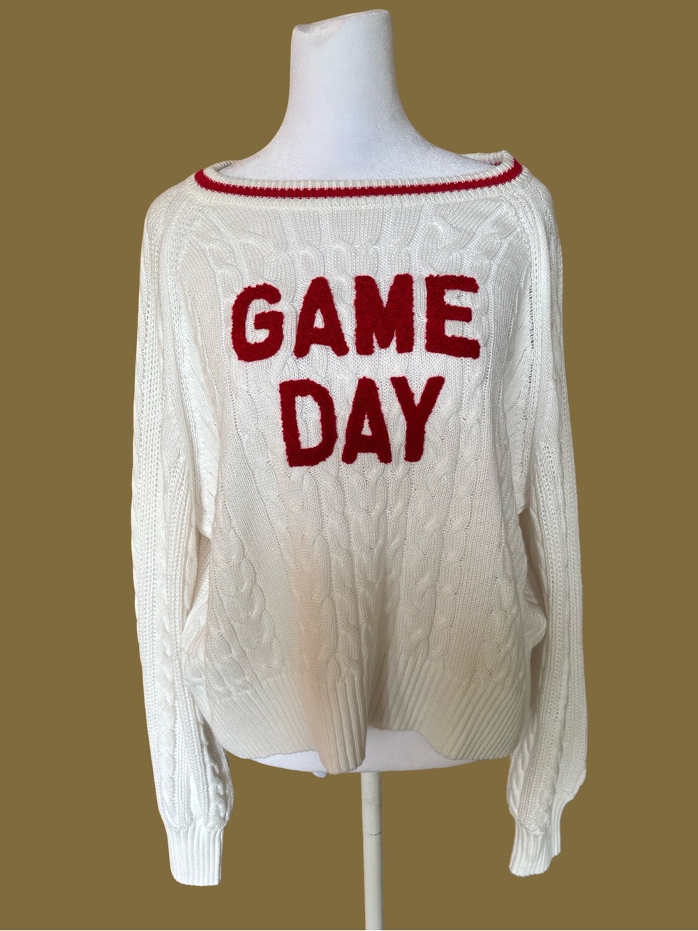 NWT GAME DAY Cable Knit Sweater - White with Red Lettering